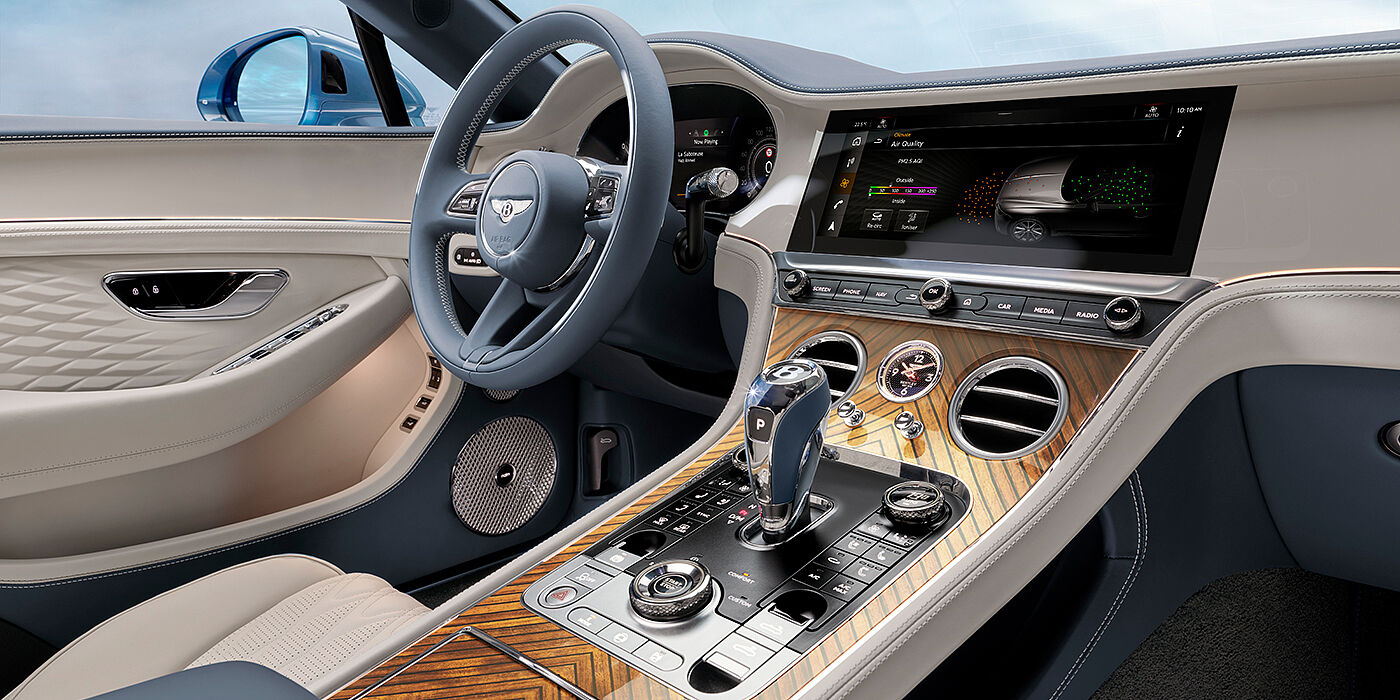 Bentley Gold Coast (Australia) New Bentley Continental GTC Azure convertible interior front cabin view with Linen and Brunel hides and Piano Linen by Mulliner veneer featuring centre console and centre MMI screen