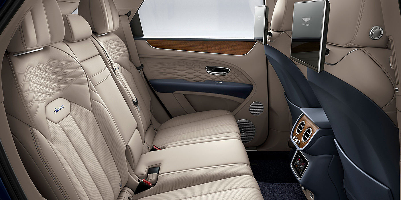Bentley Gold Coast (Australia) Bentey Bentayga Azure interior view for rear passengers with Portland hide and Rear Seat Entertainment. 