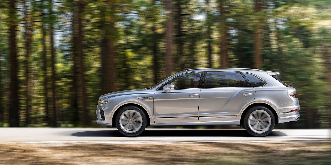 Bentley Gold Coast (Australia) Bentley Bentayga EWB in Moonbeam colour driving through forest.