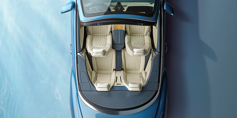 Bentley Gold Coast (Australia) New Bentley Continental GTC Azure convertible in Light Windsor blue paint overhead view of cabin with stitched Linen and Brunel hides
