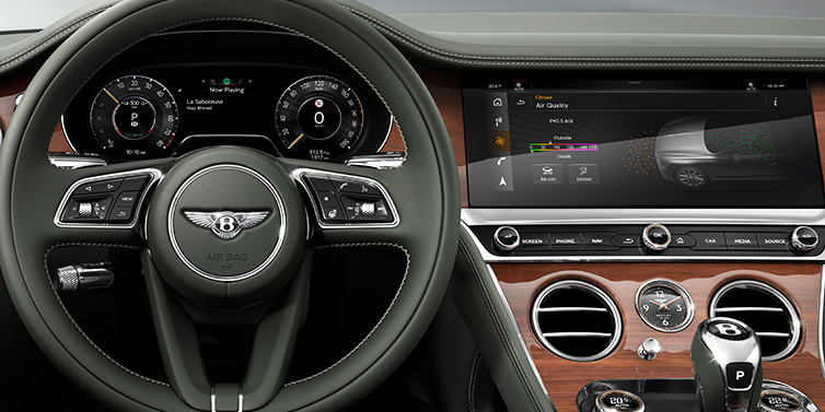 Bentley Gold Coast (Australia) New Bentley Continental GTC convertible front interior steering wheel view, with Beluga black leather and Crown Cut walnut veneer