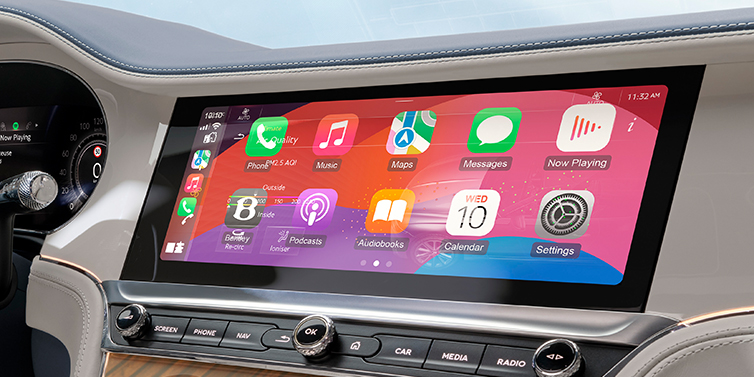 Bentley Gold Coast (Australia) New Bentley Continental GTC Azure convertible close up of front interior, featuring centre dash MMI screen showing available services.